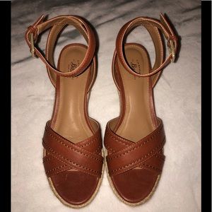 Bass Cross strap cognac leather wedge espadrilles